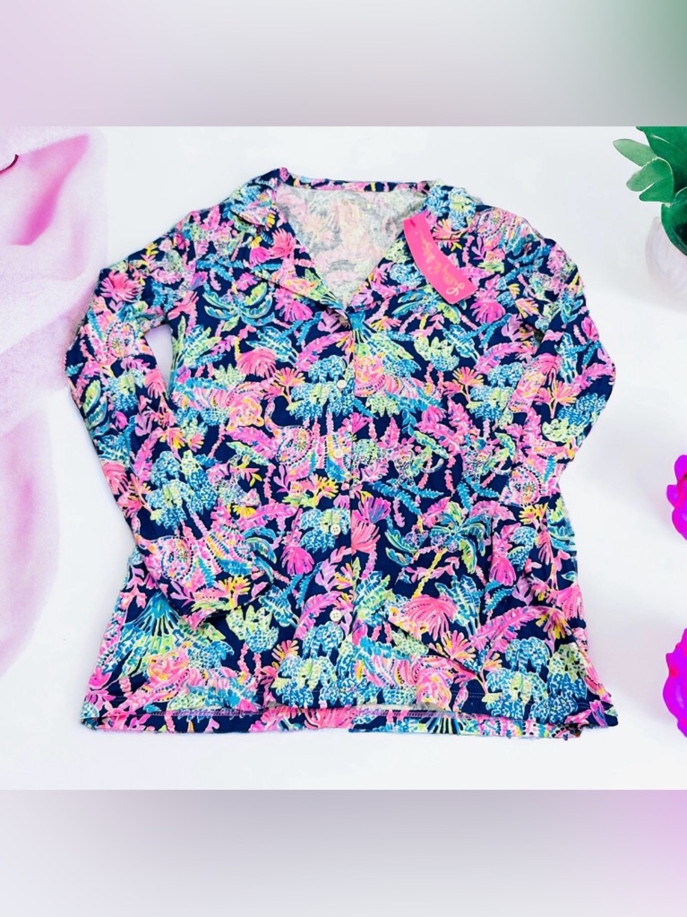 Lilly Pulitzer Oyster Bay Navy PJ knit long sleeve button up top women’s size XS